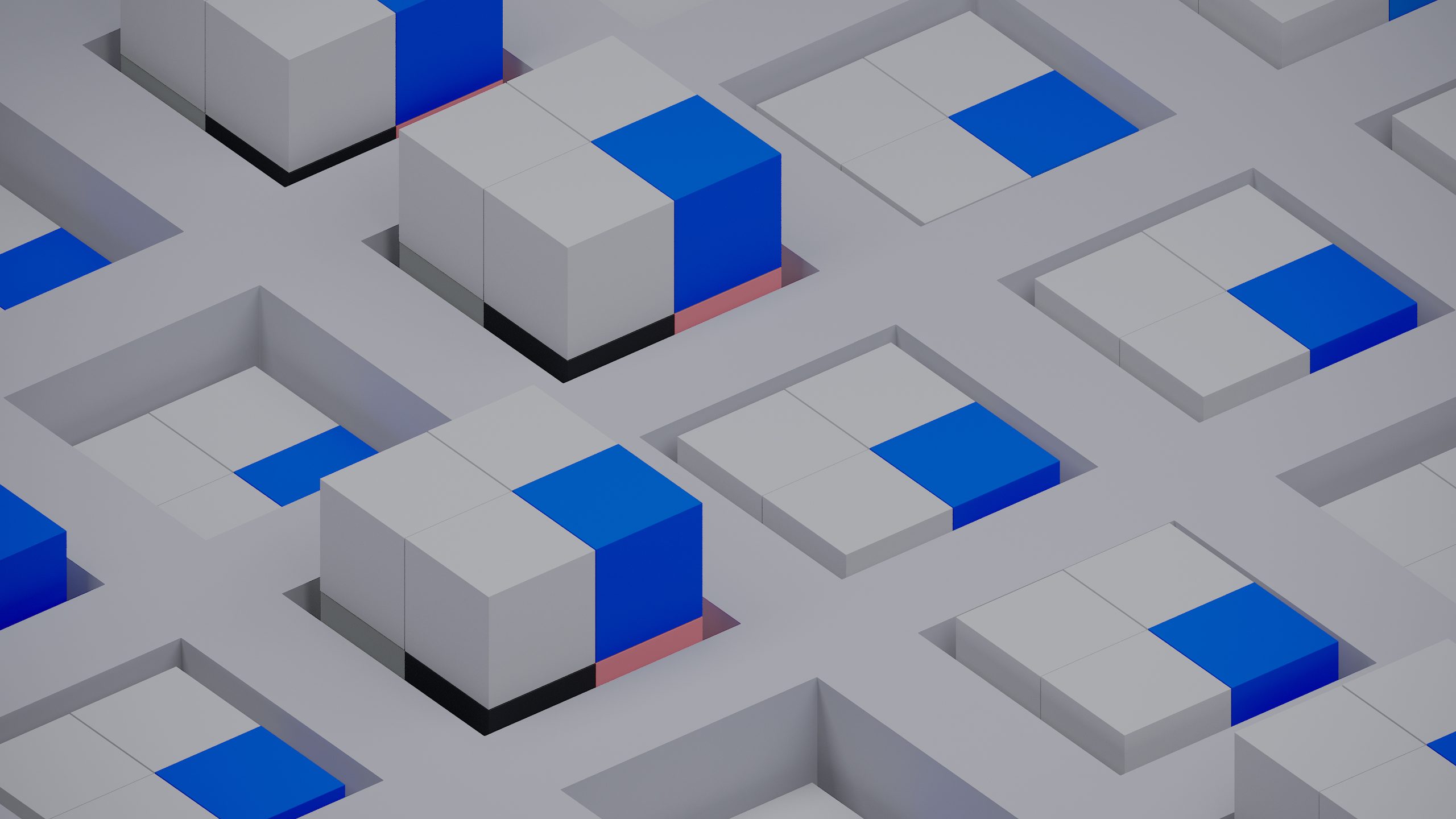 3D grid of interlocking cubes with blue, white, and black sections, representing Tharsus' structured approach to innovation.