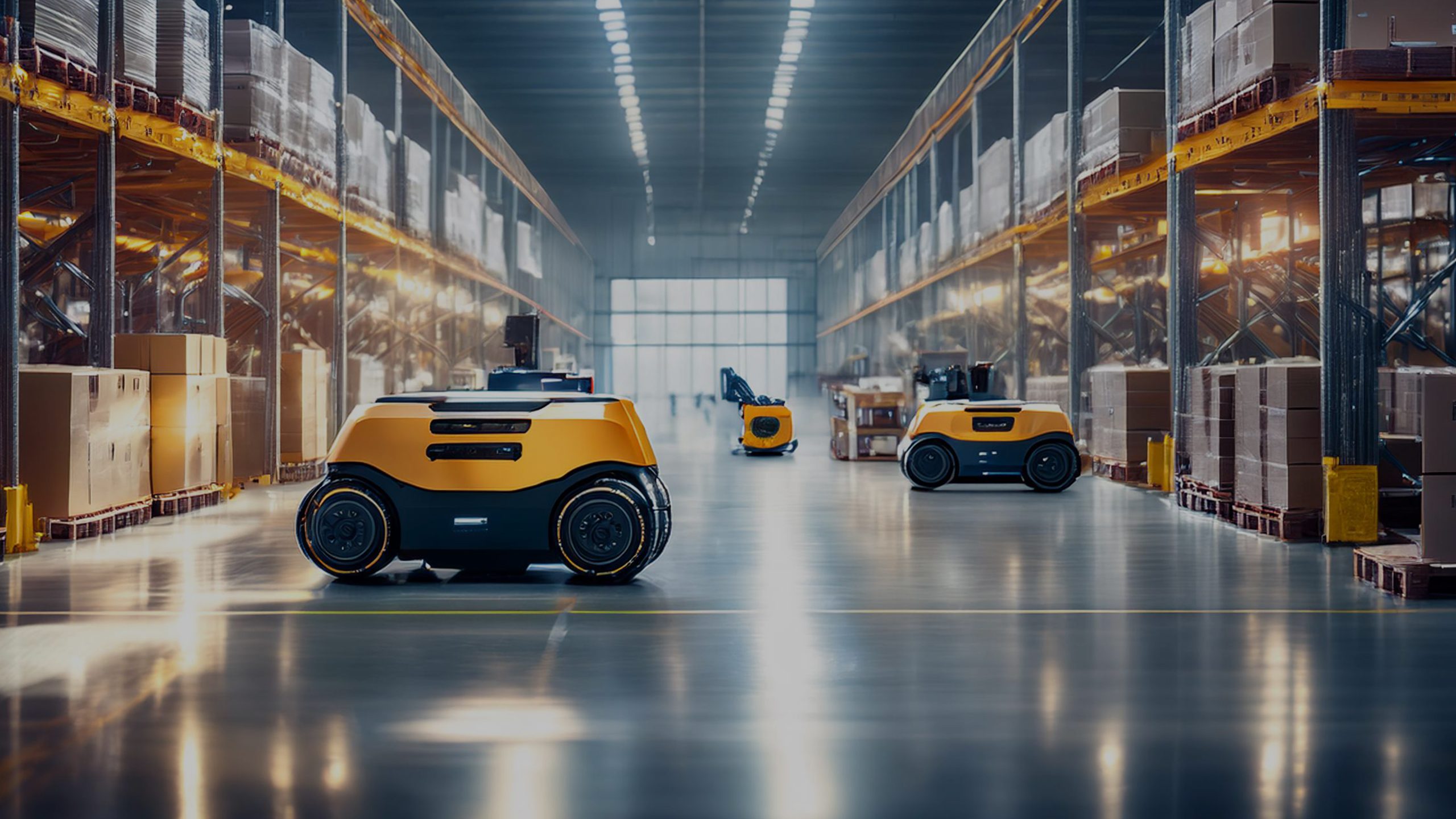 Modern warehouse with automated guided vehicles (AGVs) navigating between shelves, symbolising advanced warehouse automation.