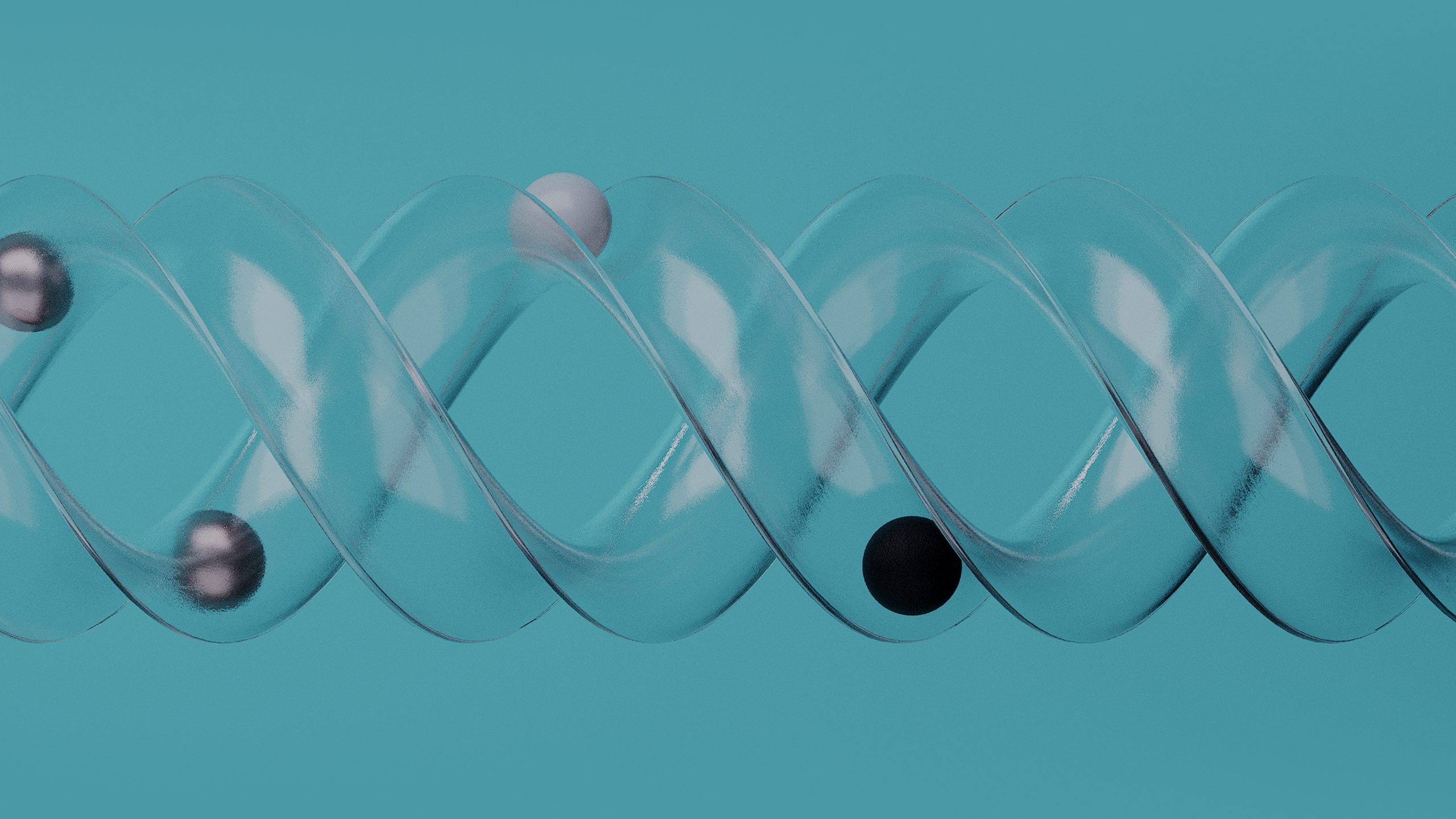 DNA helix with metallic spheres on a blue background, representing innovation and growth in Tharsus' solutions.