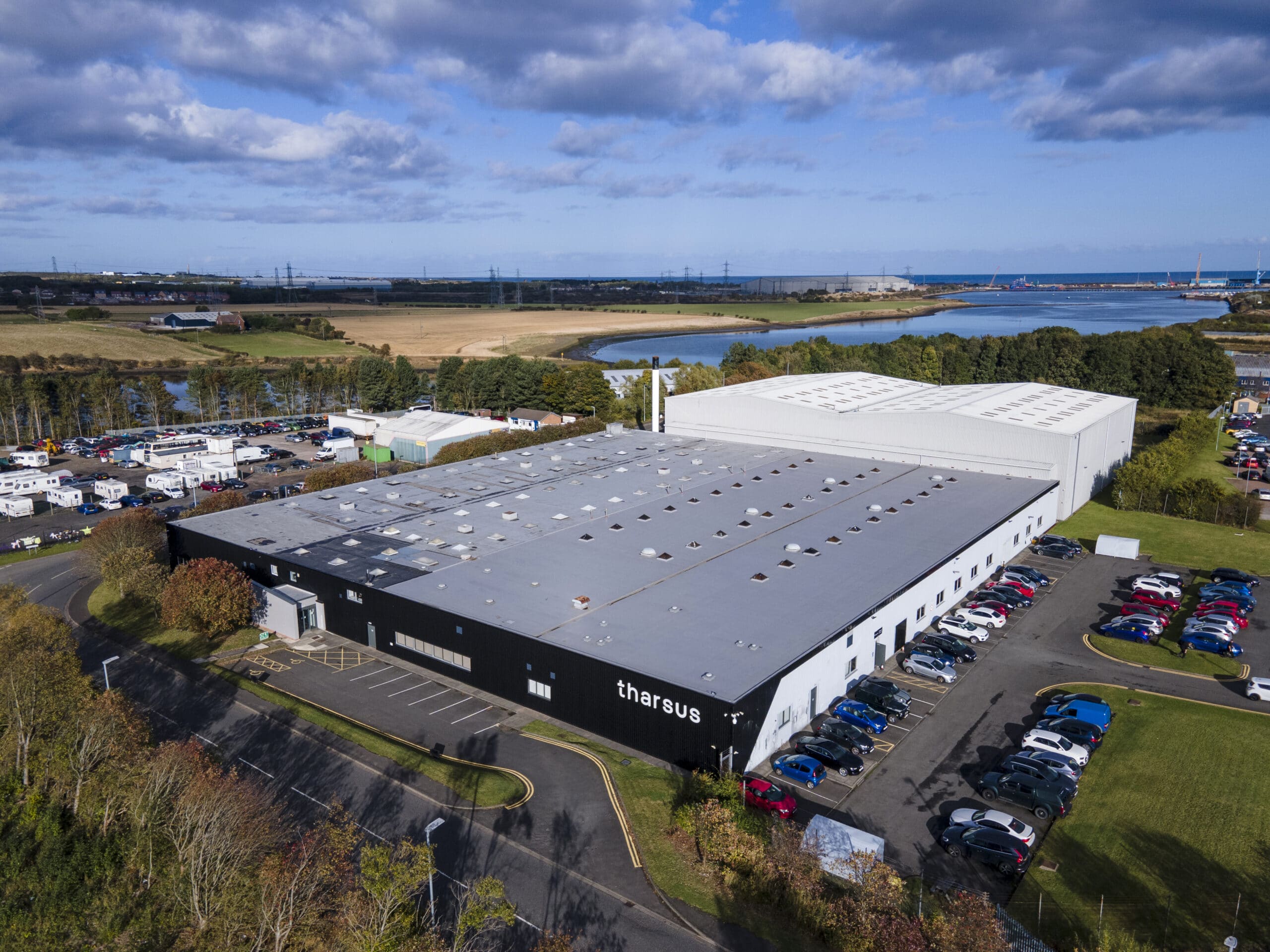 Aerial view of Tharsus manufacturing facility in Blyth supporting reshoring manufacturing and sustainable local production.