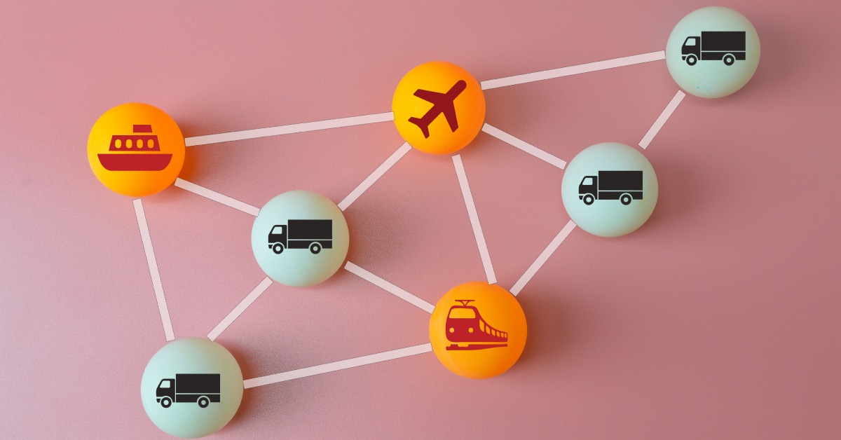 Abstract visual of a connected global supply chain network using transport icons for logistics modes.